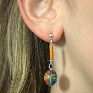 Handmade dangle earrings with hand painted glass beads & Sterling silver post